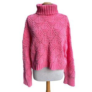 POL Chunky Knit Crochet Oversized Sweater Wm Sz M Pink Chenille Crop Barbiecore